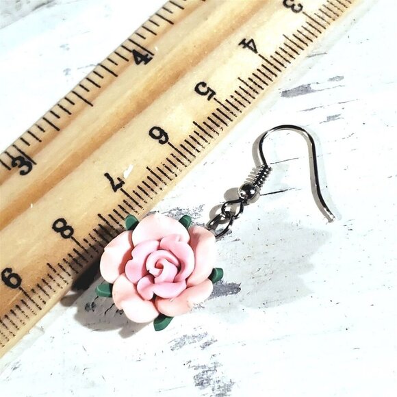 Pink Rose Flower Handcrafted Fimo Polymer Clay Bead Dangle Earrings - Picture 5 of 5